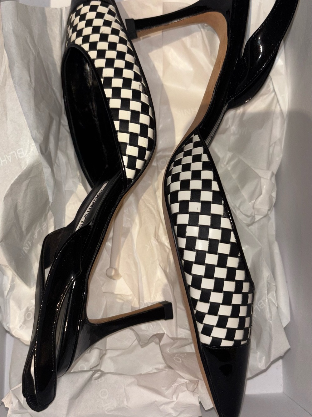 Manolo Blahnik Carolyne Black & White Checkered Slingback Pumps - Picture 2 of 5